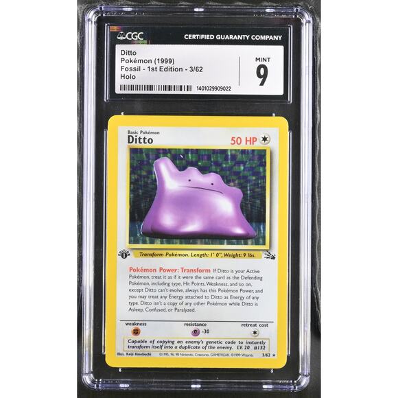 1999 ditto pokemon card CGC 9 MINT Ditto 1st Edition 3/62 Pokémon 1999 Fossil Holo Foil Rare Graded  Card